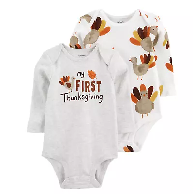 Baby's Boy Girl First Thanksgiving TWO Bodysuits Turkey NWT Carters NB 3 9 12 • $17.99