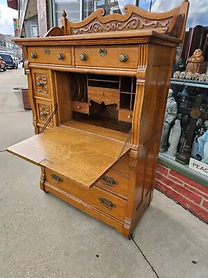 Victorian Antique Solid Oak Carved Secretary Desk Dresser Chest 1800's • $1499.99