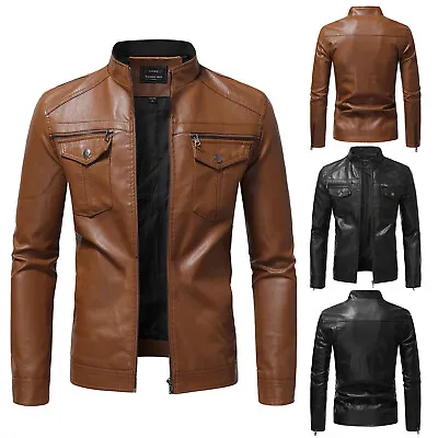 Men Casual Leather Jacket Long Sleeve Slim Fit Motorcyle Zipper StandCollar Coat • $54.75