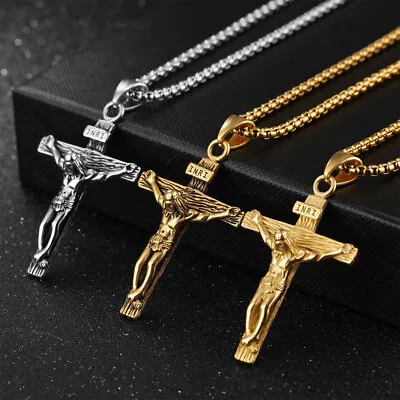 $4.03 • Buy Men Stainless Steel Gold Silver Black Jesus Crucifix Pendant Chain Necklace AU