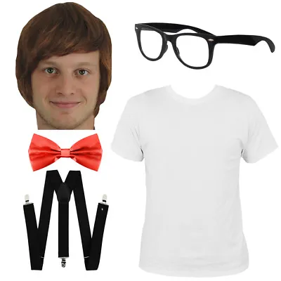 Adults Geek Costume Nerd T-shirt Wig Tie Braces Glasses Set School Fancy Dress • £5.99