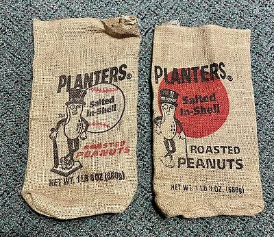 2 Planters Salted In Shell Roasted Peanuts Burlap Bags Red Circle & Baseball • £18.99