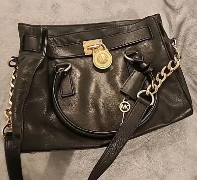 MICHAEL KORS Hamilton East West Satchel Black Saffiano Leather Gold Chain Bag • $25