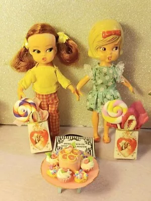 2 Vtg Dolly Darling Dolls 1965 & Handmade Pastries Shopping Bags & Lollipops  • $20.99