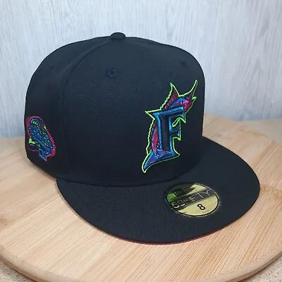 🔥 New Era 59FIFTY Miami Marlins Hat Cap Size 8 Black W Pink Under Visor NWT • $39.99