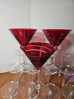 Mikasa Cheers  3 Red Martini Glasses Polka Dot Stripped Swirl Design 7 3/8  • $29.95