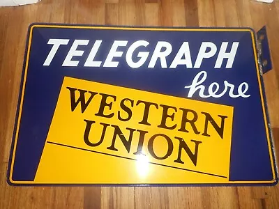 Vintage PORCELAIN WESTERN UNION TELEGRAPH Advertising FLANGE SIGN • $895