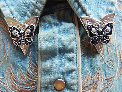 New Black Butterfly Skull Collar Tips Silver Metal Western Goth Ladies Men • £20.99