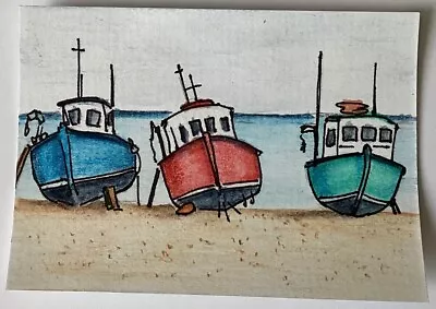 ACEO Original -  ‘Awaiting The Tide’  By D.Townsend  Boats Seaside Harbour. • £3.79