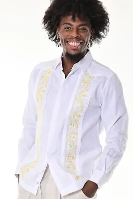 Bohio Mens Linen Cuban Guayabera Shirt For Men -Embroidered French Cuff -MLG1685 • $49.99