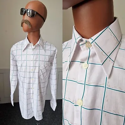 Vintage 70s Goldress Check Shirt |Large| Greeen/White Cotton Mod Disco BE90 • £16