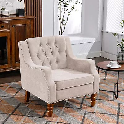 Beige Accent Chair & Footrest Set With Vintage Brass Studs Button Tufted • $195.60