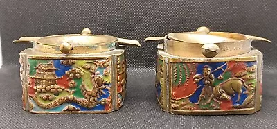 Two Vintage Chinese Enamel Flip-Top Brass Ashtray Cone Incense Burner  • $18