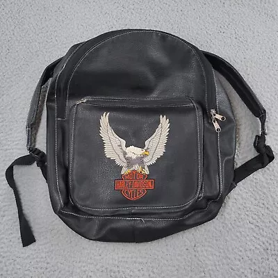 Vintage 90s Harley Davidson Black Faux Leather Backpack Bag Embroidered Eagle • $169.05