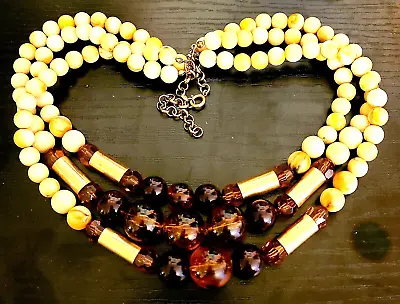 Vintage Stunning Gold Tone 3 Strands Ivory Amber Color Lucite Necklace • $19.99