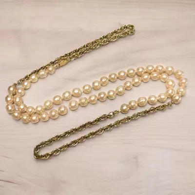 Auth CHANEL Long Necklace Accessory Chain Gold Plated Fake Pearl Vintage • $482.24