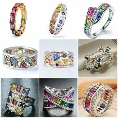 £3.71 • Buy Gorgeous 925 Silver Multi-Color Sapphire Ring Women Wedding Jewelry Size 6-10