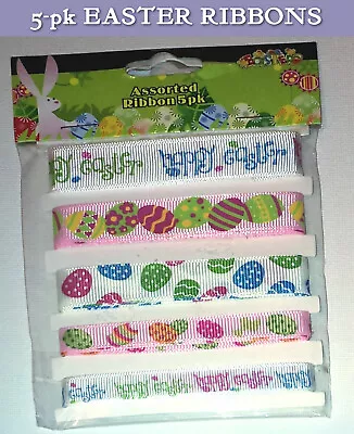 5 Pk HAPPY EASTER THEME GROSGRAIN RIBBONS Craft Gift 1m Pink White EGG TEXT • £2.99