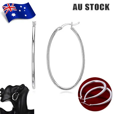 $5.55 • Buy Stunning 925 Sterling Silver Filled SP Large Oval Hoop Huggie Earrings AU Stock