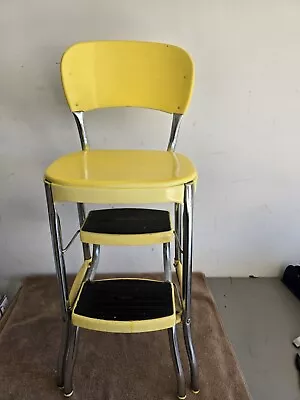 COSCO Kitchen Step Stool Chair Yellow Metal Pull Out Steps Yellow Mid Century  • $120