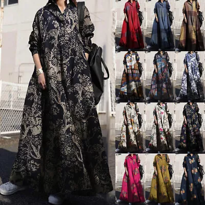 8-24 Womens Oversize Floral Check Long Sleeve Casual Baggy Shirt Dress Kaftan • £13.78