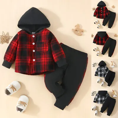 Toddler Kids Boys Hooded Tartan Shirts Pants Christmas Plaid Outfit Clothes Set • £10.29