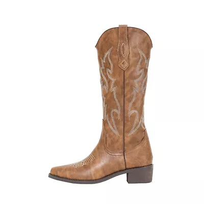 Ladies Womens Genuine Tan Brown Real Leather Cowboy Boot Slip On Mid Calf Boots • £23.75