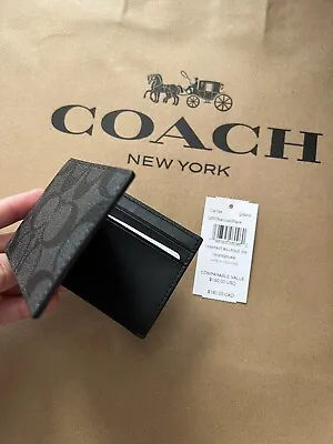 NWT Coach CM166 Compact Billfold Wallet Signature Canvas&Leather Charcoal Black • $49