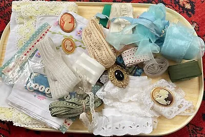 Huge Vintage Haberdashery Sewing Lot Trim Lace Glass Buttons  Brooch Tray Cloths • £25