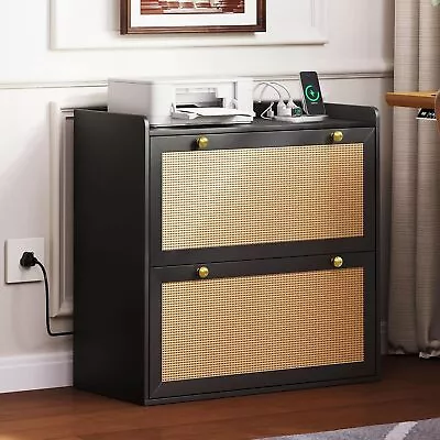 Rattan File Cabinet With Charging Station &2 Drawers Filing Cabinet Home Office • $134.73