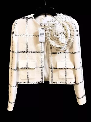 Mango MNG Maxi Floral Tweed Blazer  Open Froń Cardigan White / Black XS NWT $159 • $65