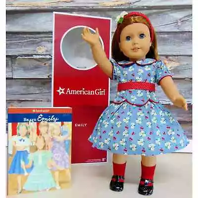 NEW American Girl EMILY DOLL + Meet Outfit Dress Headband Socks Shoes Book BOX • $300