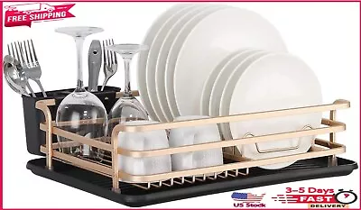 Aluminum Dish Rack With Cutlery Holder Removable Drainer Tray Rosegold • $26.68