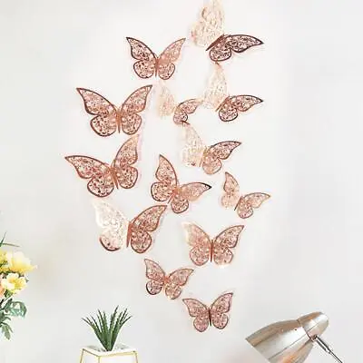 12pc Rose Gold Butterfly Stickers Wall Art 3D Wall Decals Mural Home Decor • £2.49