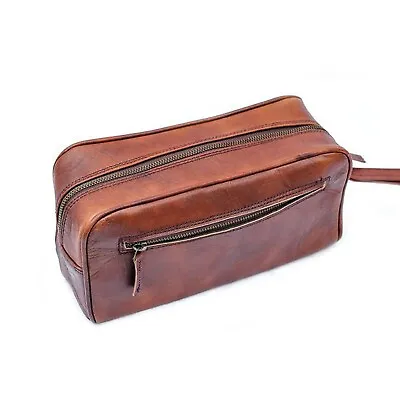 Vintage Antique Mens Dark Brown Leather Travel Toiletry Shaving Dopp Kit Bag • $24.99