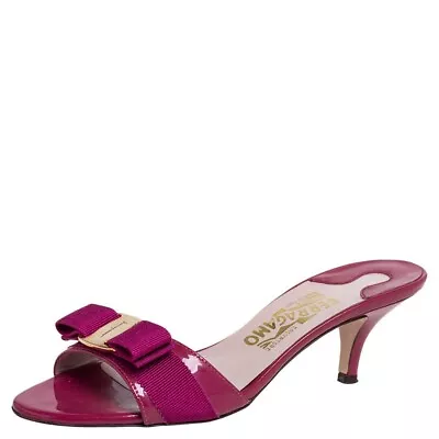 Salvatore Ferragamo Magenta Patent Leather Vara Glory Sandal Kitten Heels • $220