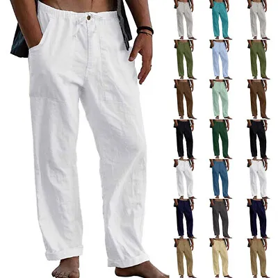 Mens Pants Loose Cotton Linen Straight Pants Elastic Waist Casual Loose Trousers • £3.49
