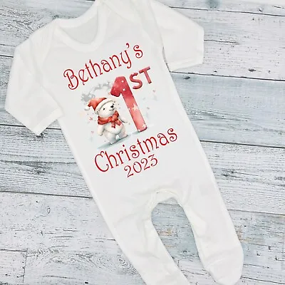 Personalised First 1st Christmas  Polar Bear 2024 Baby Bib Vest Romper T-Shirt • £11.99