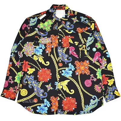 NWT $1.7k Versace Men's Runway Jewelry Print Denim Shirt Black M 40 AUTHENTIC • $639.20