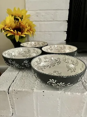 New~”Temp-tations”~Floral Lace~Blue/Gray~by Tara~Cereal/ Soup/Bowls~Set Of 4~QVC • $24.06