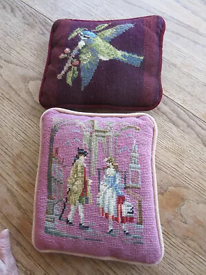 2 Vintage Mid Century Small Needlepoint Pillows Pink W/ Bird Burgundy W/ People • $13.50