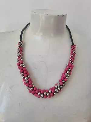 £2 • Buy Pretty M&S Leather Necklace With Pink & Silver Tone Clustered Beads Costume...
