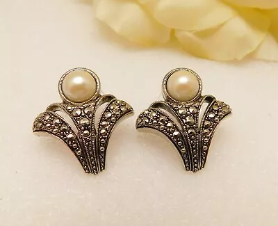 Vintage Marcasite Faux Pearl Art Deco Inspired Pierced Earrings • $12