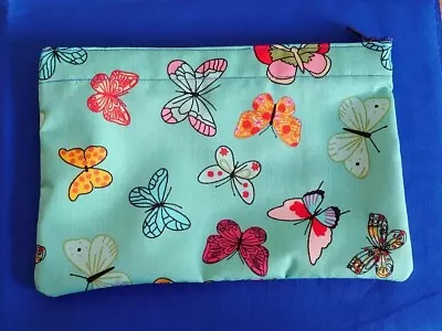 Handmade Zip Bag Butterfly Print On Blue Fabric Material Make-Up Bag • £4.99