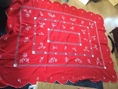 Vintage Red Embroidery Tablecloth Scalloped Christmas 72  X 52  Fast US Shipping • $17.90