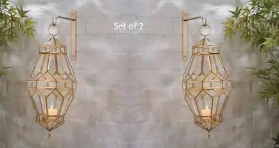 Set Of 2 Moroccan Hanging Votive Lantern Sconce Glass Iron 8 W X 15 H • $122.95