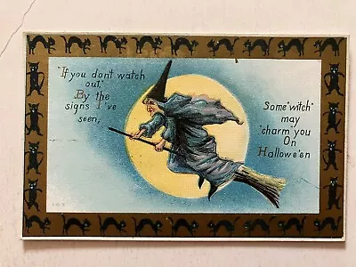 1912 Witch On Broom Flying By Full Moon Halloween Post Card #142 • $49.50