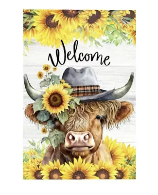 Mini Garden Flag Fall Highland Cow Welcome Sunflowers NEW Linen Double Sided • $10