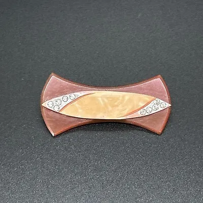 Vintage ART DECO Pink CELLULOID BROOCH Pin UNSIGNED Rhinestones Faux MOP 2.25” • $6.99