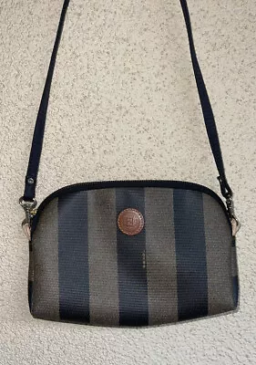 Vintage Authentic Fendi Mini Stripe Shoulder Bag/Clutch Pecan Canvas Gold Black • $199.99